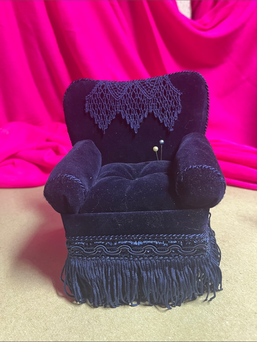 Dritz Navy Blue Fringe Collectible Cushion Doll Chair Sewing Storage . No box